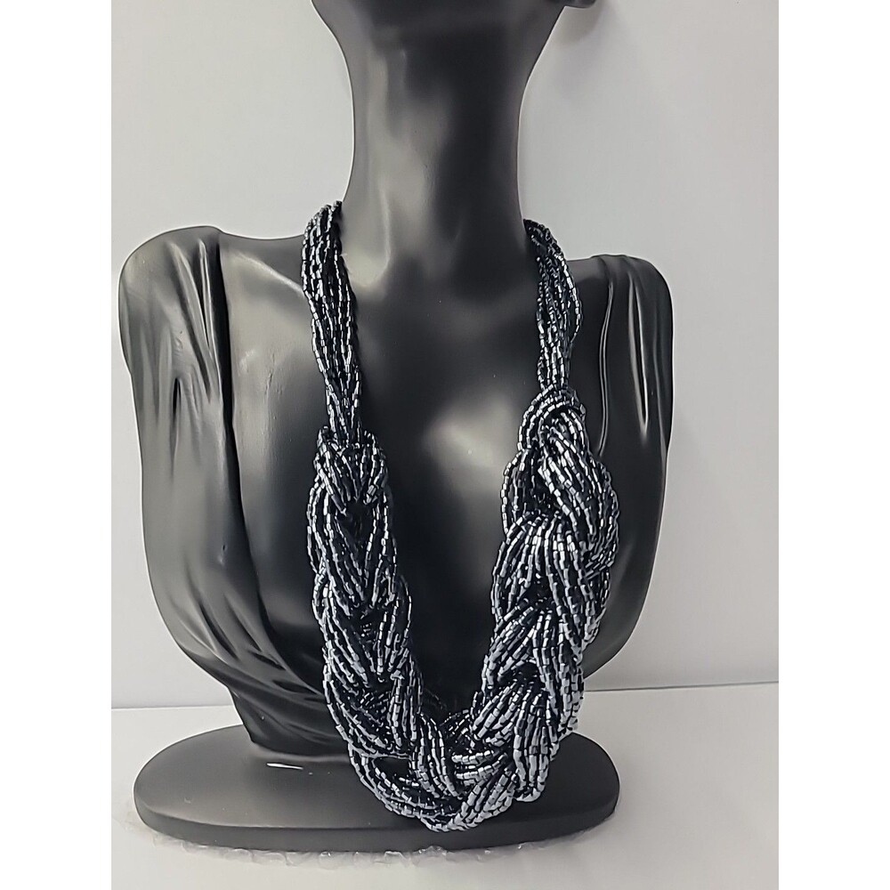 Multi Strand Seed Bead Necklace Twisted Navy Black Statement Jewelry